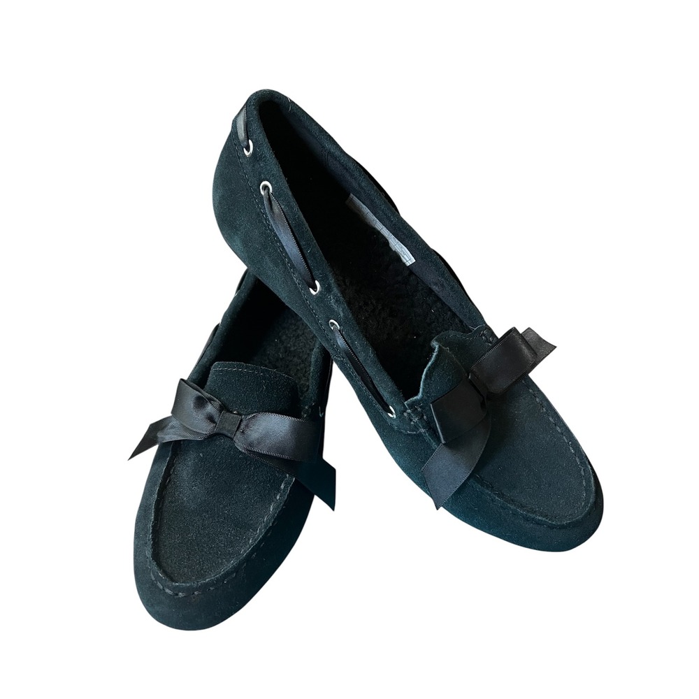 Vionic Alice Black Suede Faux Chic Bow Moccasin Loafers Flat Shoes